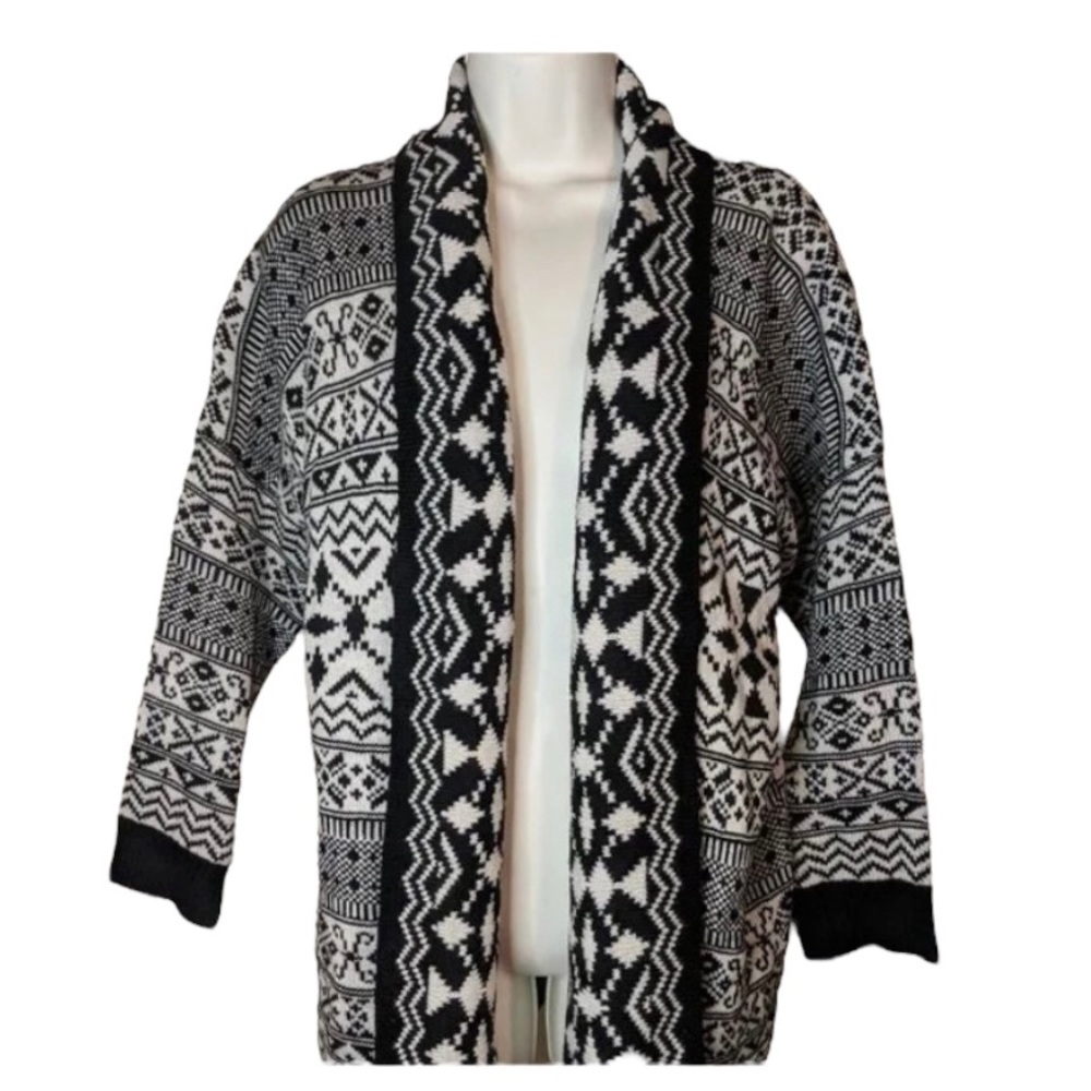 acred Threads Sz L-XL Black & Cream Knit Open Front Oversized Fair Isle Cardigan